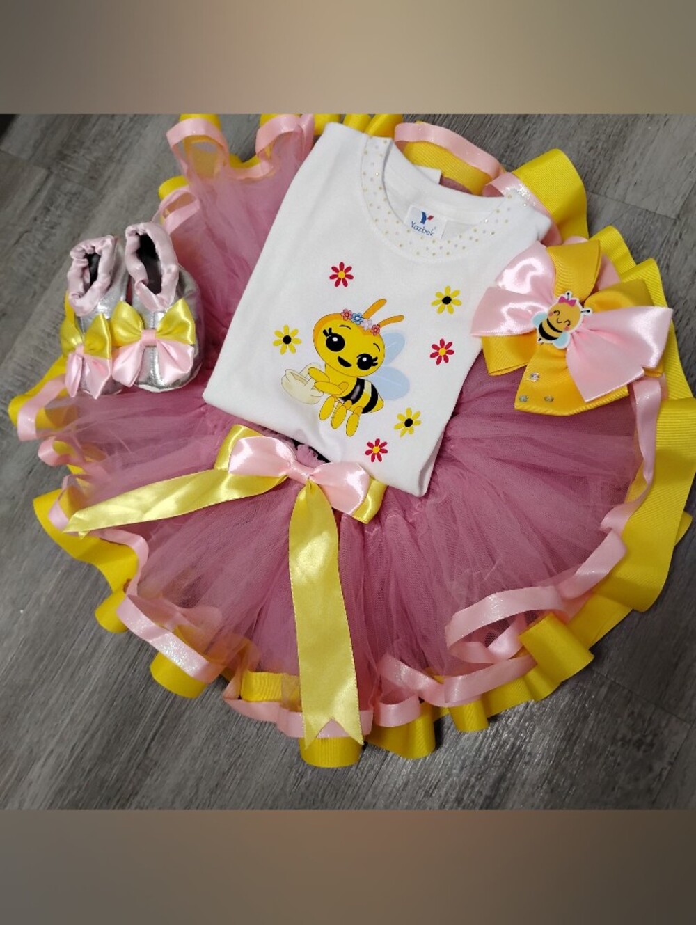 Pink & Yellow Bee Tutu Outfit with White Bee Tee Size 2t 18-24months